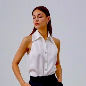 Silk Maison sleeveless silk blouse with exaggerated collar, size M